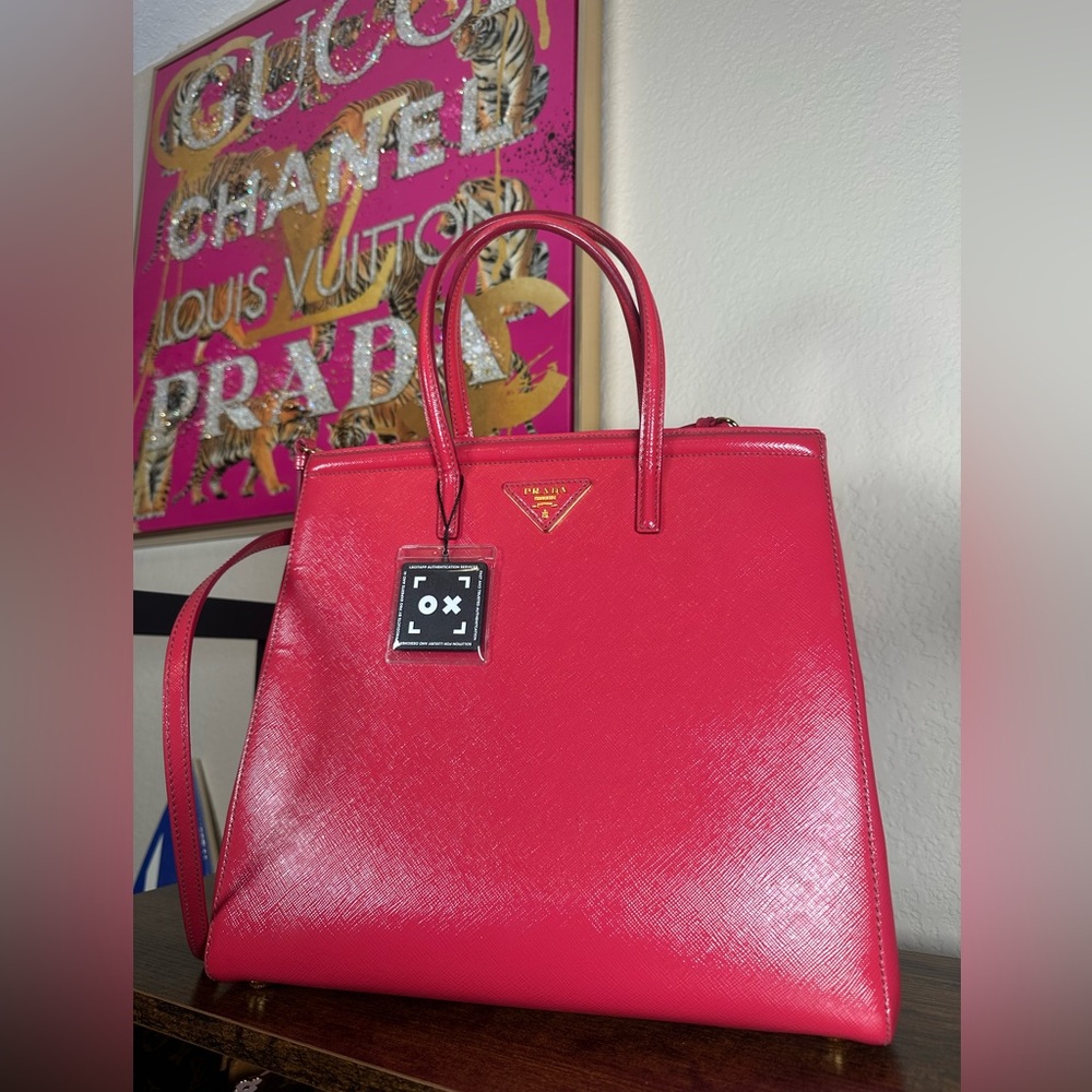 Authentic Prada Pink Saffiano Leather Satchel with Top Handles/Crossbody Strap